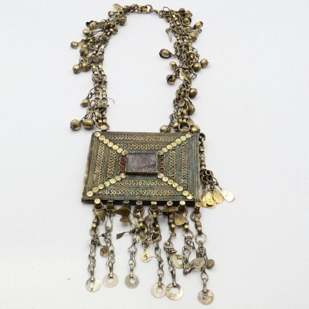 🪘Antique Tribal Spirital Tibet India Amulet Filigree Rectangle Tassel Necklace